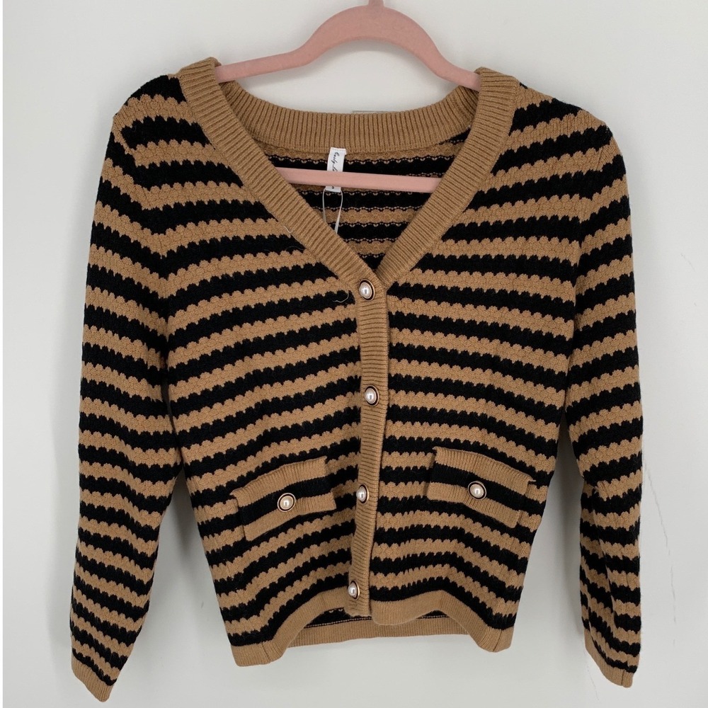 Boutique Striped Pearl Button Cardigan Sweater Camel Black Small